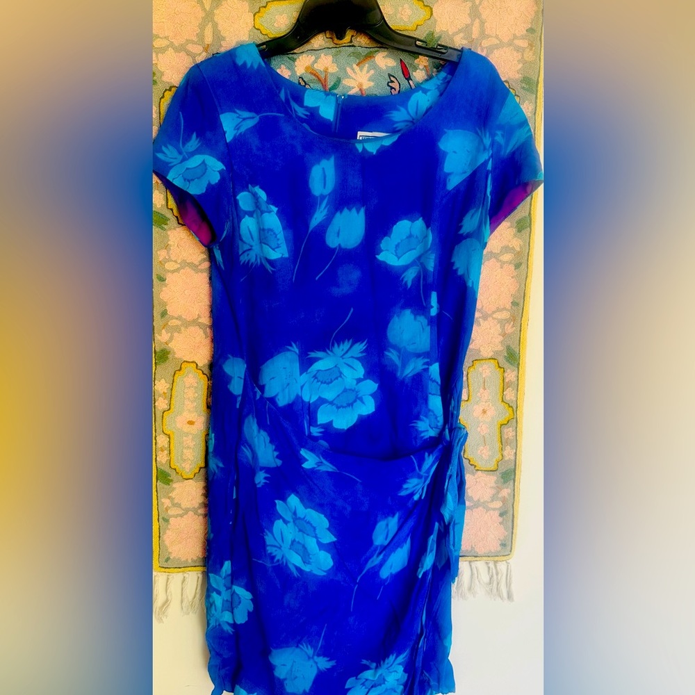 Cobalt blue silk dress with soft blue flowers, size 10